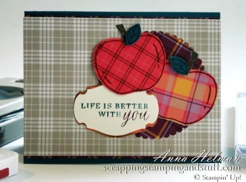 Take a look at this pumpkin scrapbook page and apple card design using the Stampin Up Harvest Hellos bundle.