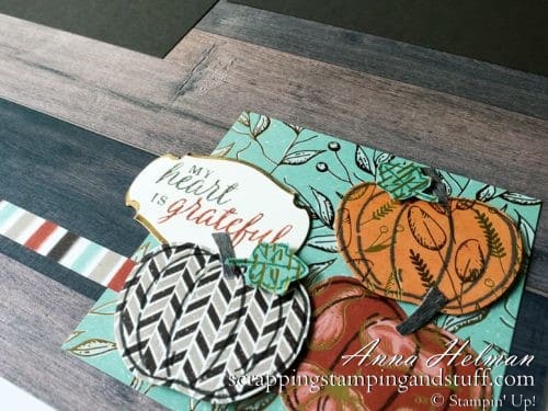 Take a look at this pumpkin scrapbook page and apple card design using the Stampin Up Harvest Hellos bundle.