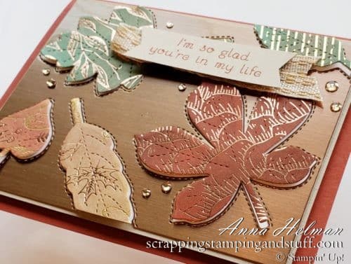 Today I'm sharing an absolutely beautiful fall card idea using the Stampin Up Love of Leaves stamp set and Stitched Leaves dies, a gorgeous card design using foils and specialty papers.