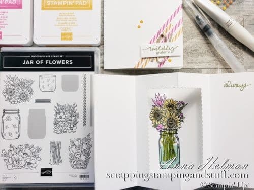 Tunnel card tutorial featuring the Stampin Up Jar of Flowers stamp set. A fun fold card design with a surprise inside!