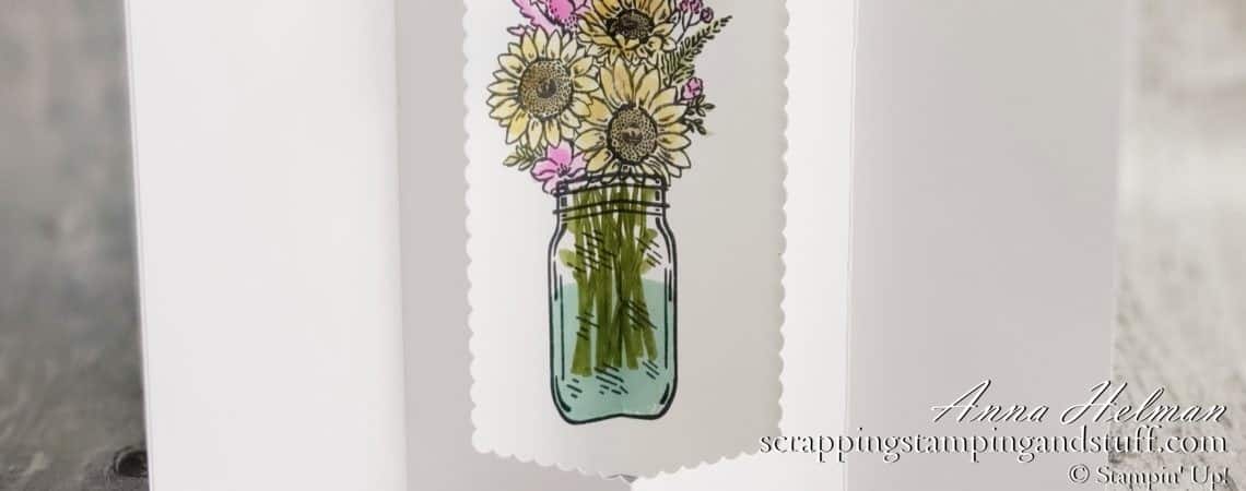 Tunnel card tutorial featuring the Stampin Up Jar of Flowers stamp set. A fun fold card design with a surprise inside!