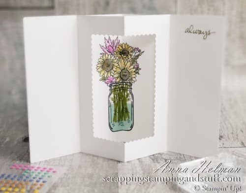 Tunnel card tutorial featuring the Stampin Up Jar of Flowers stamp set. A fun fold card design with a surprise inside!