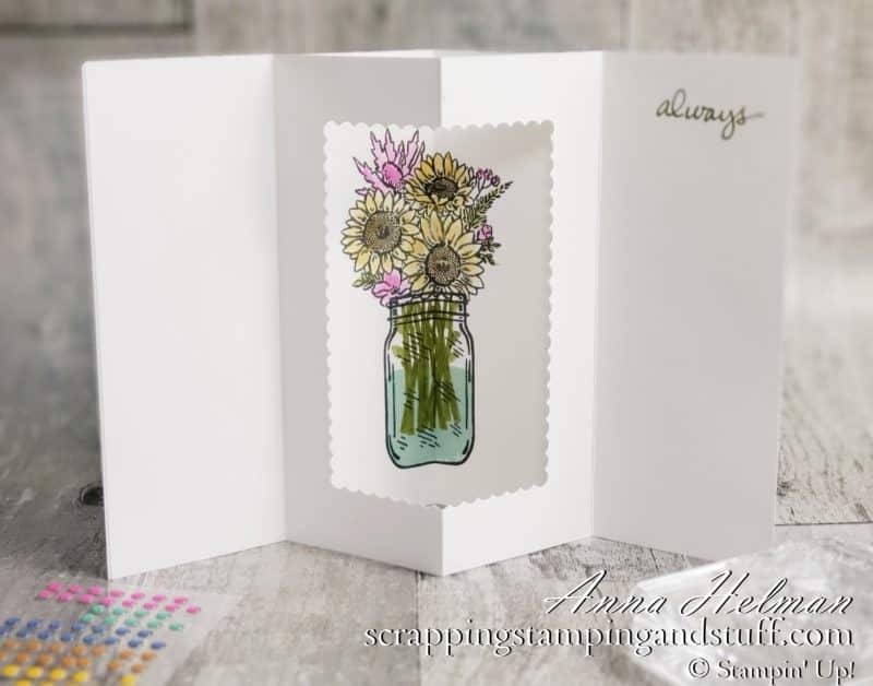 Tunnel card tutorial featuring the Stampin Up Jar of Flowers stamp set. A fun fold card design with a surprise inside!