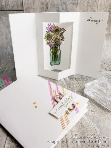 Tunnel card tutorial featuring the Stampin Up Jar of Flowers stamp set. A fun fold card design with a surprise inside!
