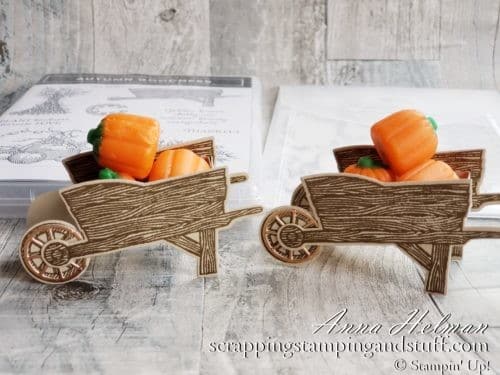 Make these sweet and simple wheelbarrow treat holders using the Stampin Up Autumn Goodness stamp set and dies. Cute for fall decorations, Halloween treats, or Thanksgiving table decorations.