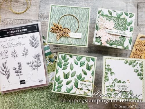 Take a look at these four pretty cards made with the Stampin Up Forever Fern stamp set, and watch along as I come up with these designs!