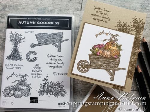 This adorable wheelbarrow card idea using the Stampin Up Autumn Goodness stamp set is simple and a perfect card idea for fall.