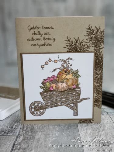 This adorable wheelbarrow card idea using the Stampin Up Autumn Goodness stamp set is simple and a perfect card idea for fall.