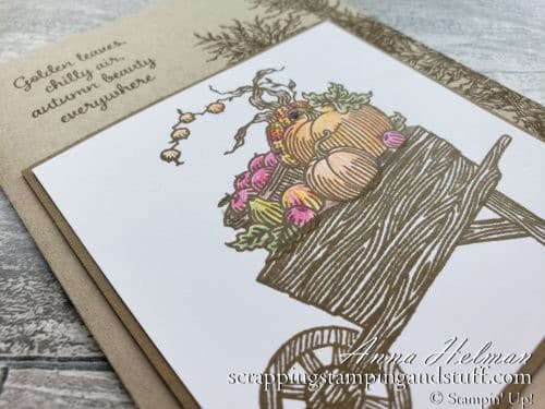This adorable wheelbarrow card idea using the Stampin Up Autumn Goodness stamp set is simple and a perfect card idea for fall.