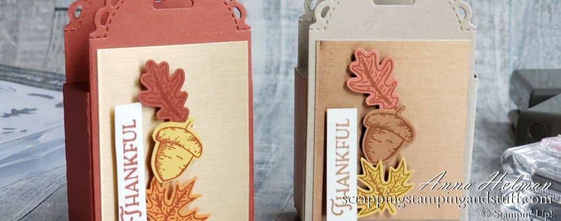 Create quick treat holders using the Stampin Up Little Treat Box Dies in the 2020 Holiday Catalog.
