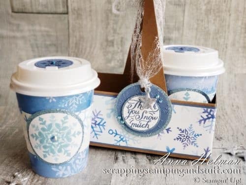 Decorated Stampin Up Coffee Cups are perfect to hold treats, gift cards, K-cups, or hot chocolate pouches. The perfect DIY gift!