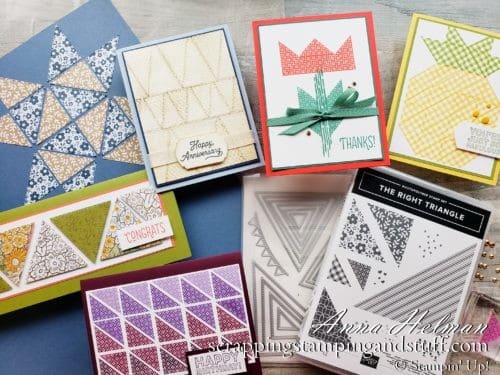 Make beautiful quilt cards and scrapbook pages using the Stampin Up The Right Triangle stamp set and Stitched Triangles Dies bundle