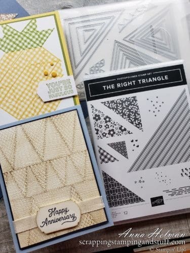 Make beautiful quilt cards and scrapbook pages using the Stampin Up The Right Triangle stamp set and Stitched Triangles Dies bundle