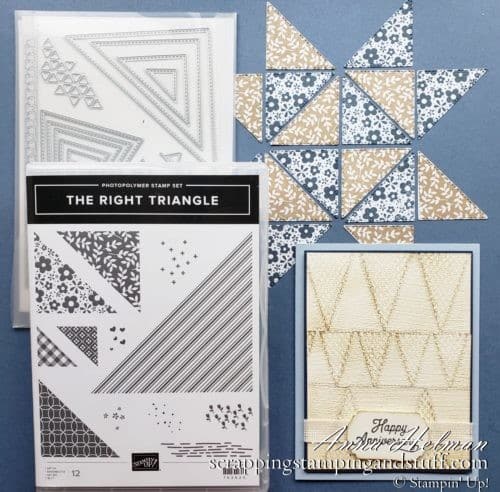 Make beautiful quilt cards and scrapbook pages using the Stampin Up The Right Triangle stamp set and Stitched Triangles Dies bundle