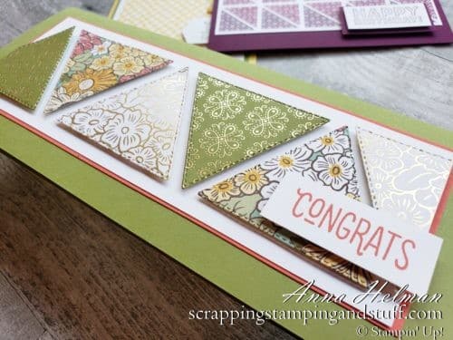 Make beautiful quilt cards and scrapbook pages using the Stampin Up The Right Triangle stamp set and Stitched Triangles Dies bundle