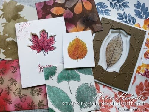 These 10 stamping techniques to use with leaves are perfect for beautiful fall cards. Stained glass, sponging, spritzing, blends markers, a keyhole card, and more. Try them today!