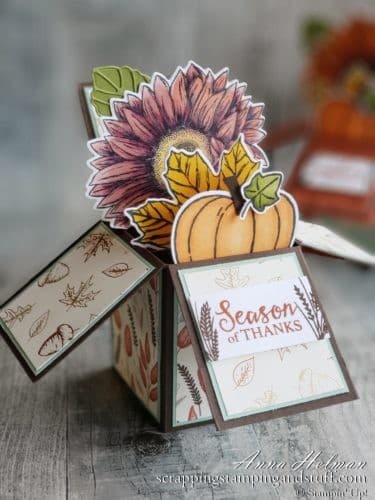 Learn to make a fun fold card in this exploding box card tutorial with Stampin Up Celebrate Sunflowers, Harvest Hellos, and Gather Together.