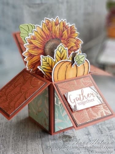 Learn to make a fun fold card in this exploding box card tutorial with Stampin Up Celebrate Sunflowers, Harvest Hellos, and Gather Together.