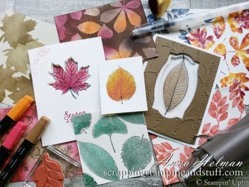 These 10 stamping techniques to use with leaves are perfect for beautiful fall cards. Stained glass, sponging, spritzing, blends markers, a keyhole card, and more. Try them today!