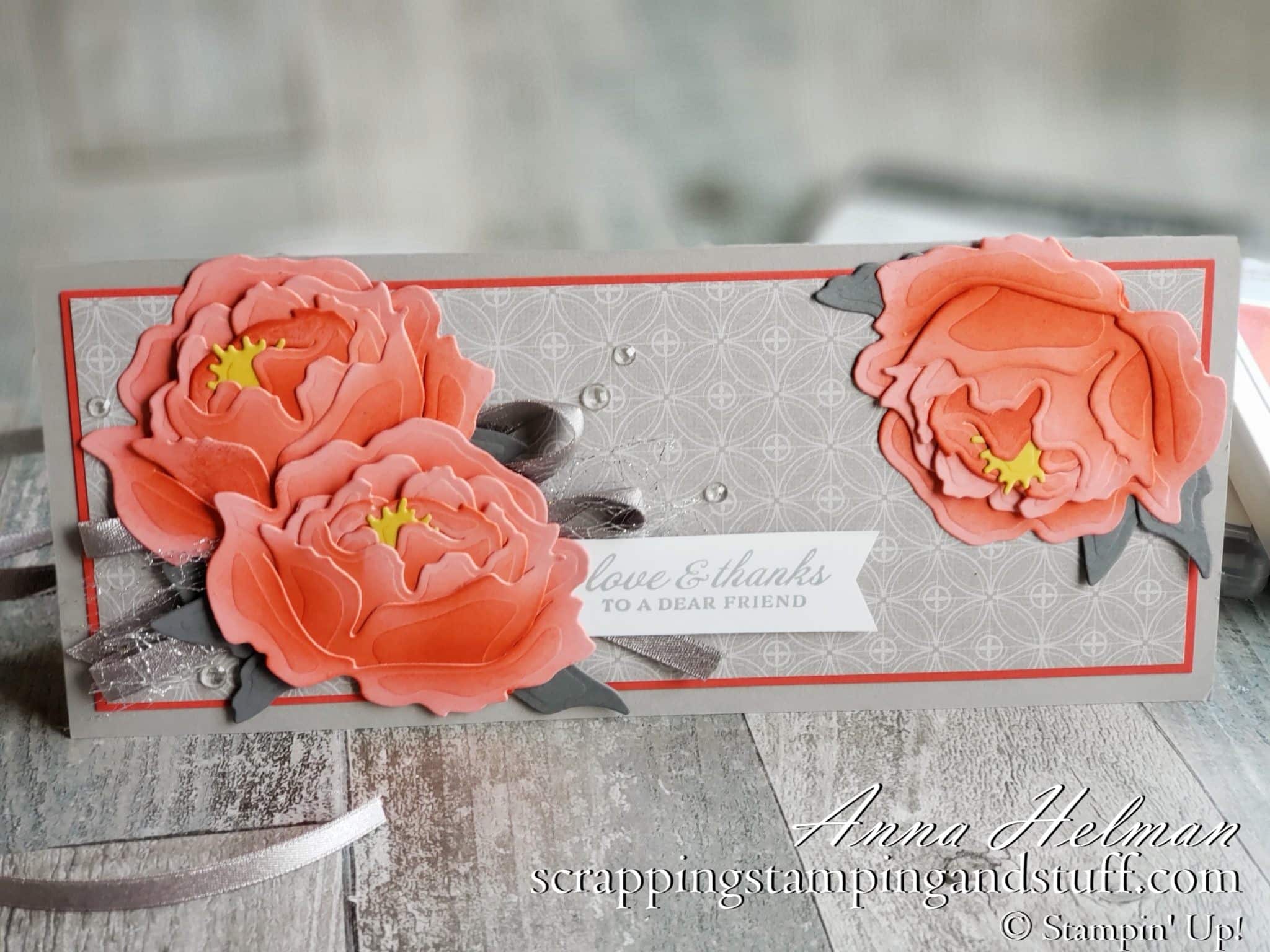 See how to sponge the Stampin Up peony as well as a beautiful slimline card made with the Stampin Up Prized Peony bundle in the 2020 Annual Catalog.