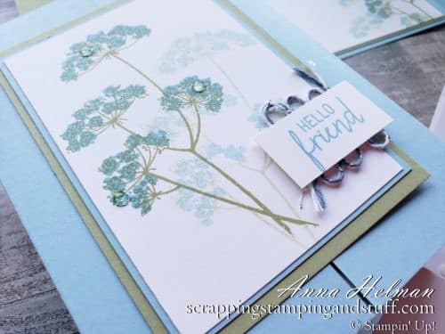 Make this delicate gate fold card using the Stampin Up Queen Anne's Lace stamp set.