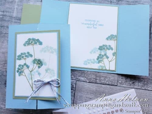 Make this delicate gate fold card using the Stampin Up Queen Anne's Lace stamp set.