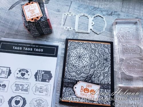Make this quick Halloween card and treat box using the Stampin Up Tags Tags Tags stamps set and dies