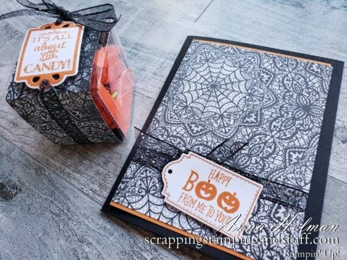 Make this quick Halloween card and treat box using the Stampin Up Tags Tags Tags stamps set and dies