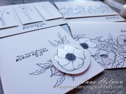 Make these gorgeous black and white card designs using just white cardstock, black ink, and the Stampin Up Peaceful Poppies stamp set! #simplestamping