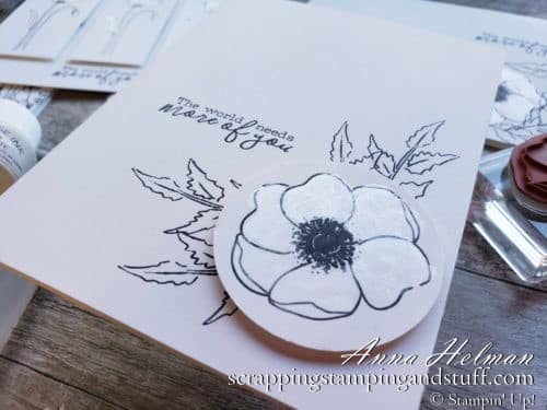 Make these gorgeous black and white card designs using just white cardstock, black ink, and the Stampin Up Peaceful Poppies stamp set! #simplestamping
