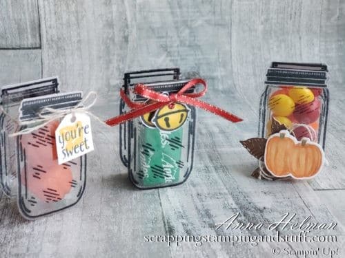 These adorable jar treat holders are perfect party favors, holiday table decorations, birthday treats, or wedding favors. Make them yourself with the Stampin Up Jar Punch and Jar of Flowers stamp set!