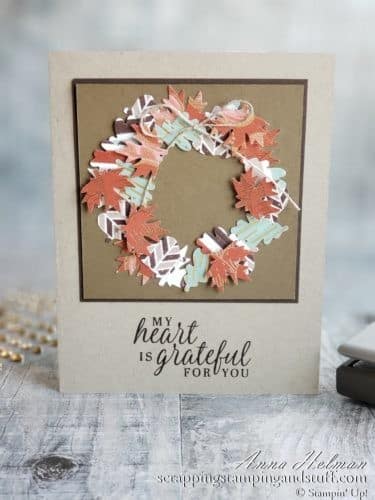 Make this beautiful autumn wreath card using the Stampin Up Beautiful Autumn stamp set and Autumn Leaf Punch Pack!