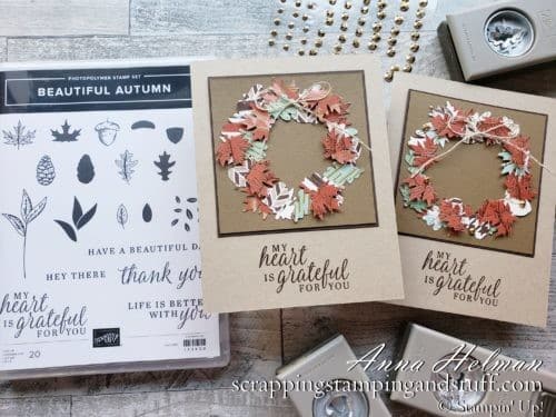 Make this beautiful autumn wreath card using the Stampin Up Beautiful Autumn stamp set and Autumn Leaf Punch Pack!