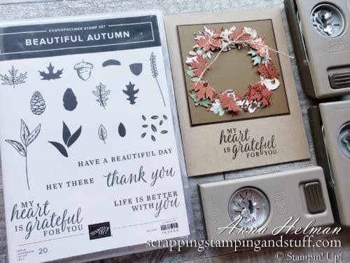 Make this beautiful autumn wreath card using the Stampin Up Beautiful Autumn stamp set and Autumn Leaf Punch Pack!