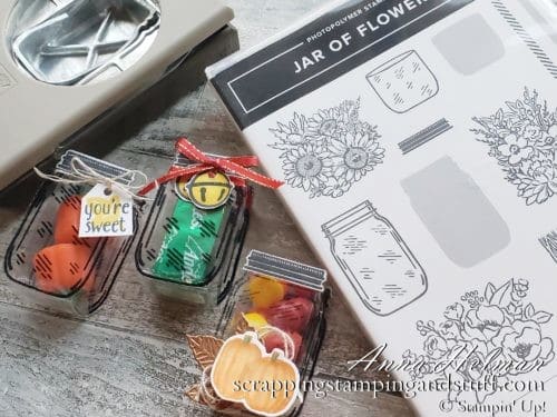 These adorable jar treat holders are perfect party favors, holiday table decorations, birthday treats, or wedding favors. Make them yourself with the Stampin Up Jar Punch and Jar of Flowers stamp set!