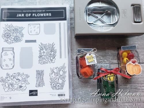 These adorable jar treat holders are perfect party favors, holiday table decorations, birthday treats, or wedding favors. Make them yourself with the Stampin Up Jar Punch and Jar of Flowers stamp set!