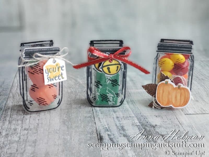 These adorable jar treat holders are perfect party favors, holiday table decorations, birthday treats, or wedding favors. Make them yourself with the Stampin Up Jar Punch and Jar of Flowers stamp set!