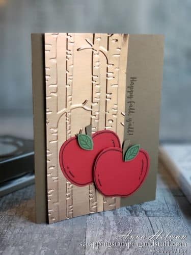 Two pretty and simple autumn card ideas made with the Stampin Up Harvest Hellos stamp set and Apple Builder Punch.