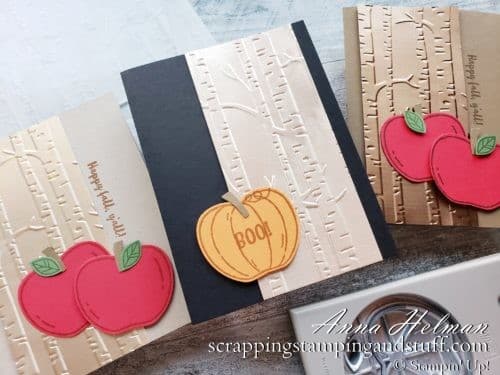 Two pretty and simple autumn card ideas made with the Stampin Up Harvest Hellos stamp set and Apple Builder Punch.