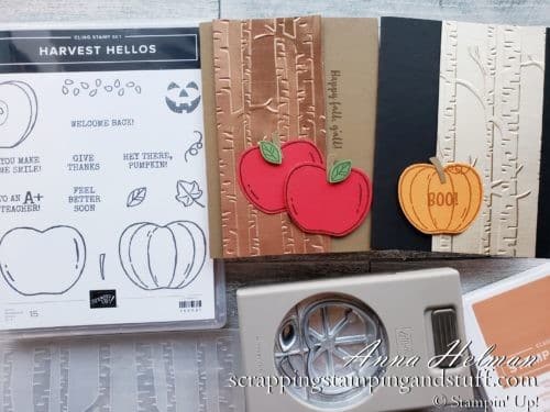 Two pretty and simple autumn card ideas made with the Stampin Up Harvest Hellos stamp set and Apple Builder Punch.