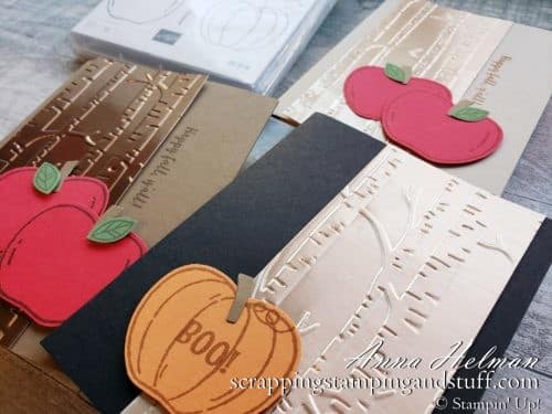 Two pretty and simple autumn card ideas made with the Stampin Up Harvest Hellos stamp set and Apple Builder Punch.