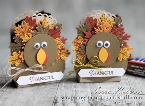 These DIY turkey treat boxes are perfect for your Thanksgiving dinner table. They make wonderful Thanksgiving table decorations, place card holders, or just fun treats!