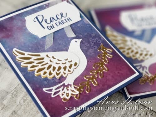 The Stampin Up Dove Of Hope bundle makes beautiful religious Christmas cards, such as this amazing one with a watercolor background technique.