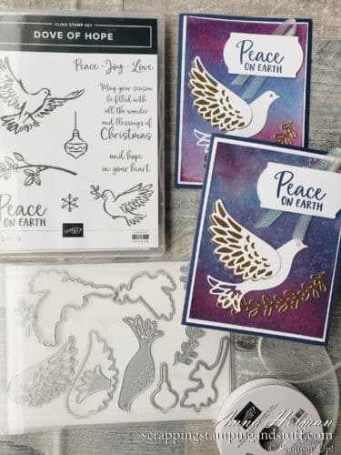 The Stampin Up Dove Of Hope bundle makes beautiful religious Christmas cards, such as this amazing one with a watercolor background technique.