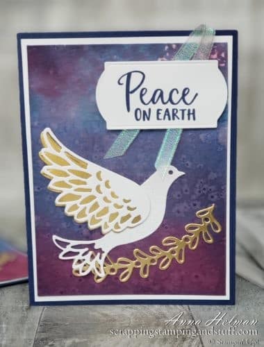 The Stampin Up Dove Of Hope bundle makes beautiful religious Christmas cards, such as this amazing one with a watercolor background technique.