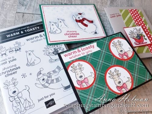 Three adorable card ideas made with the Stampin Up Warm & Toasty stamp set, featuring cute polar bears, reindeer, mice, and bunnies!