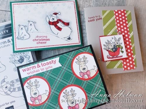 Three adorable card ideas made with the Stampin Up Warm & Toasty stamp set, featuring cute polar bears, reindeer, mice, and bunnies!