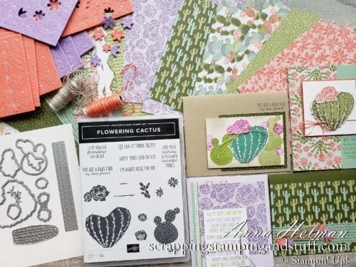 Stampin Up Flowering Cactus is a product medley including cactus stamps, dies, paper and embellishments for amazingly adorable cactus cards.