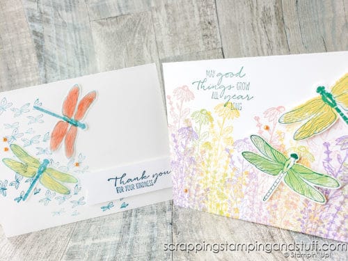 Make stunning nature cards with the beautiful Stampin Up Dragonfly Garden stamp set and punch. See nine sample cards here!