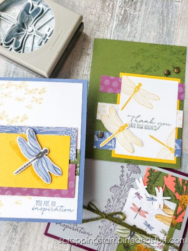 Make stunning nature cards with the beautiful Stampin Up Dragonfly Garden stamp set and punch. See nine sample cards here!